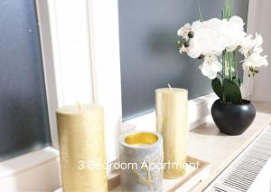 two candles on a table with a vase of flowers at Voll ausgestattete Unterkunft mit 3 Schlafzimmern in Bedburg-Hau in Bedburg