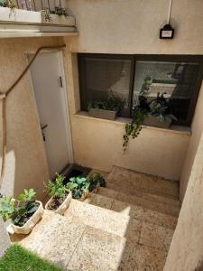 an outside view of a balcony with potted plants at פינה קטנה בערבה in Beʼer Ora