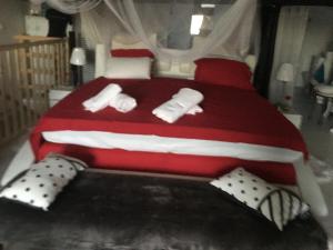 een slaapkamer met een rood bed met kussens bij Chateauneuf du Pape - suite familiale - chez Marie in Châteauneuf-du-Pape