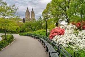 a park with benches and flowers and a building at Luxury Four Bedroom Suite in New York