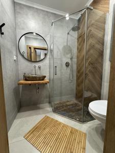 a bathroom with a sink and a shower with a mirror at Apart Home Bieszczady in Uherce Mineralne (7)