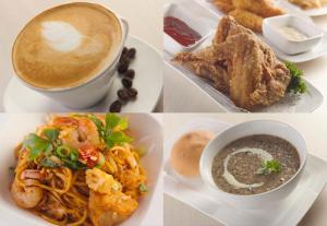une série de quatre photos de nourriture et une tasse de café dans l'établissement Hotel Boss, à Singapour