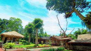 dom z trawnikiem i drzewami w obiekcie Bamboo Sanctuary Pancawati w mieście Ciherangsating