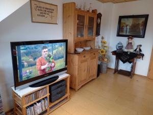 a living room with a flat screen tv on a stand at Ferienwohnung am Rotdornweg in Heiligenstadt +24 photos