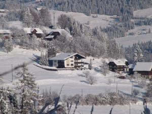 a group of houses covered in snow at Cozy Apartment in Afritz am See near Gerlitzen Ski Area in Afritz