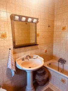 ein Badezimmer mit einem Waschbecken und einer Badewanne in der Unterkunft Vila Romaneasca in Corbola