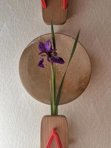 una flor púrpura en un jarrón de madera en una pared en 心遊亭Shin Yu Tei 一軒雅宿 en Kanazawa