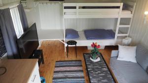a small room with a couch and bunk beds at Riverside Bliss - Cozy Cabin near Tvedestrand with WiFi and Deck in Vegårshei