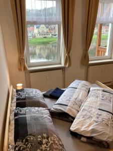 two beds in a room with two windows at Alles Gute Wehlen in Stadt Wehlen +75 photos