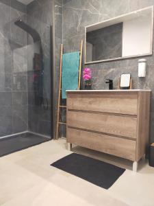 uma casa de banho com um lavatório e um chuveiro em T3 proche Arènes - Parking gratuit em Nîmes