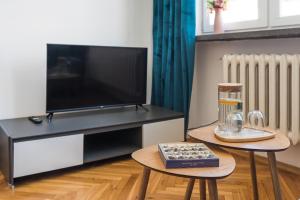un soggiorno con TV a schermo piatto e 2 tavoli di Vistula River Apartment a Cracovia