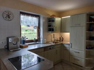 a kitchen with a sink and a window in it at Ferienhaus Triebesgrund in Zeulenroda