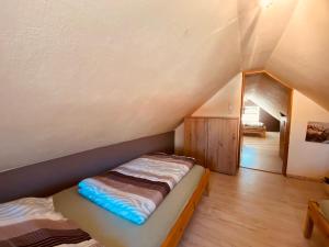 a room with a bed and a mirror in a attic at Alte Schmiede in Melzow