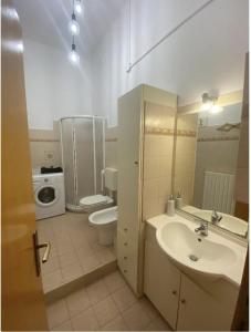 bagno con lavandino, servizi igienici e lavatrice di Casa Rella - Camera Green a Bologna Altre 14 foto