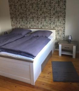 a white bed in a bedroom with a rug at Ferienhaus Paulsen in Breklum +15 photos