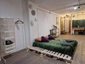 a bedroom with a large bed in the middle of a room at Mākslas studija Koknesē in Koknese