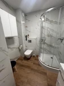 La salle de bains blanche est pourvue d'une douche et de toilettes. dans l'établissement PORTA MARE KOŁOBRZEG Ul GEN MACZKA 29 3, à Kołobrzeg