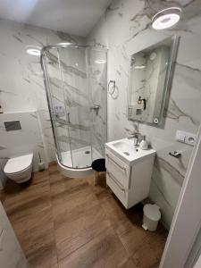 La salle de bains est pourvue d'une douche, de toilettes et d'un lavabo. dans l'établissement PORTA MARE KOŁOBRZEG Ul GEN MACZKA 29 3, à Kołobrzeg
