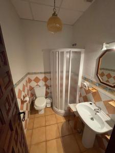 een badkamer met een douche, een toilet en een wastafel bij Finca La Tacita - Jazmín in Conil de la Frontera