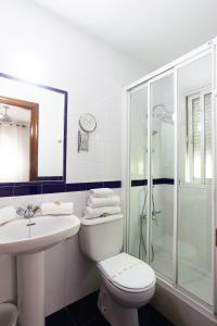 a bathroom with a toilet and a sink and a shower at Hostal Restaurante La Giralda in Rota