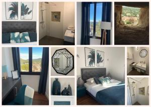 a collage of photos of a bedroom with a bed and a room with at Le Château d'Argens in Les Arcs sur Argens