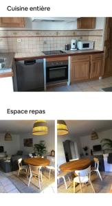 two pictures of a kitchen and a dining room at La maison de vacances in Lauris