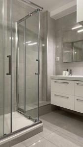 La salle de bains est pourvue d'une douche en verre et d'un lavabo. dans l'établissement Spacieux Appartement Familial *10mn saint Charles*, à Marseille