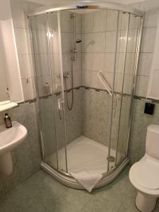 a shower with a glass door in a bathroom at Hotel Bečva na Horní Bečvě in Horní Bečva