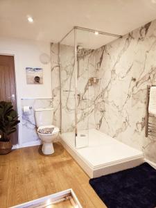 a bathroom with a toilet and a glass shower at Carnaburg Guesthouse in Tobermory