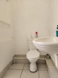 a white bathroom with a toilet and a sink at Casa Palmeira in Nelspruit