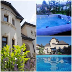 Kúria apartman with private jacuzzi and pool في بودابست: ملصق لصور منزل ومسبح