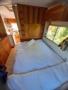 a large bed in a room with a window at A Night at the Museum Vintage Glamping in Roodepoort