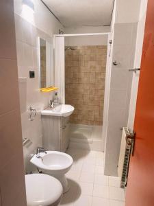 ein Badezimmer mit Toilette, Waschbecken und Dusche in der Unterkunft Biancaneve - 300 Metri dalle Piste, Free Parking e Wi-Fi in Passo del Tonale