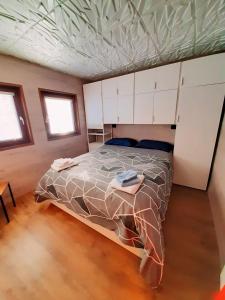 1 dormitorio con 1 cama y techos artesonados en Biancaneve - 300 Metri dalle Piste, Free Parking e Wi-Fi, en Passo del Tonale