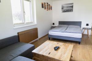 a bedroom with a bed and a couch and a table at Familytime am Traunsee in Altmünster