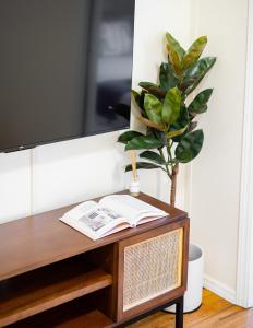 a table with a book and a potted plant on it at Cozy and Modern One-Bedroom Apartment in New York