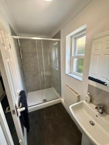 a bathroom with a shower and a sink at THE GARDEN SUITE in Denby