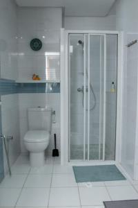 uma casa de banho com um WC e uma cabina de duche em vidro. em Dar Marrakech Apartment Sousse em Hammam Sousse
