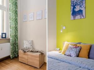 dwa zdjęcia sypialni z łóżkiem i krzesłem w obiekcie Apartament Fair Targi Dworzec POZNAŃ Gąsiorowskich w Poznaniu