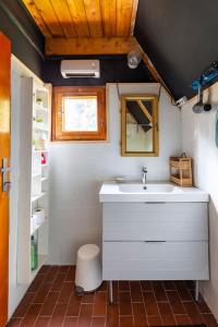 uma pequena casa de banho com um lavatório e um espelho em Bringás Vityilló - Nagymaros em Nagymaros