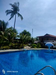 a large swimming pool with a palm tree and a building at Serene Resort Phú Quốc in Phu Quoc
