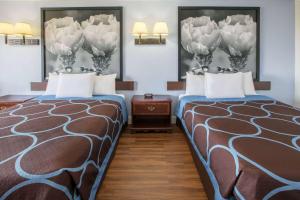 une chambre d'hôtel avec 2 lits et 2 lampes dans l'établissement Super 8 by Wyndham Garland North Dallas Area, à Garland