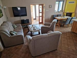 a living room with couches and a table and a tv at Garden View in Drienica