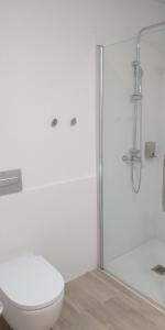 La salle de bains blanche est pourvue d'une douche et de toilettes. dans l'établissement Centre Esplai Albergue, à El Prat de Llobregat