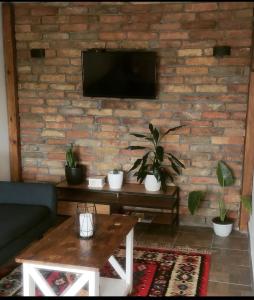 a living room with a brick wall with a tv at Vila Zapis in Pirot