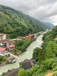 une rivière avec des maisons sur le flanc d'une montagne dans l'établissement Vadidekal Suite Hotel, à Çamlıhemşin