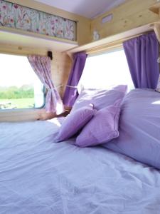 a bed in an rv with purple pillows at Camping Les Ronds Duval face aux îles anglo-normandes in Les Moitiers-dʼAllonne