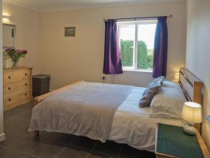 a bedroom with a bed with purple curtains and a window at Llainfawr Cottage Apartment Fishguard in Letterston
