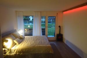 a bedroom with a bed and a large window at Aare Studio 2 in Interlaken