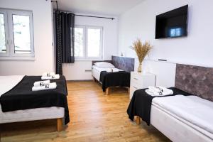 Pokój z dwoma łóżkami i telewizorem na ścianie w obiekcie Nette Wohnung in Poddbie mit Garten, Grill und gemeinschaftlichem Pool und Strand in der Nähe w Poddąbiu